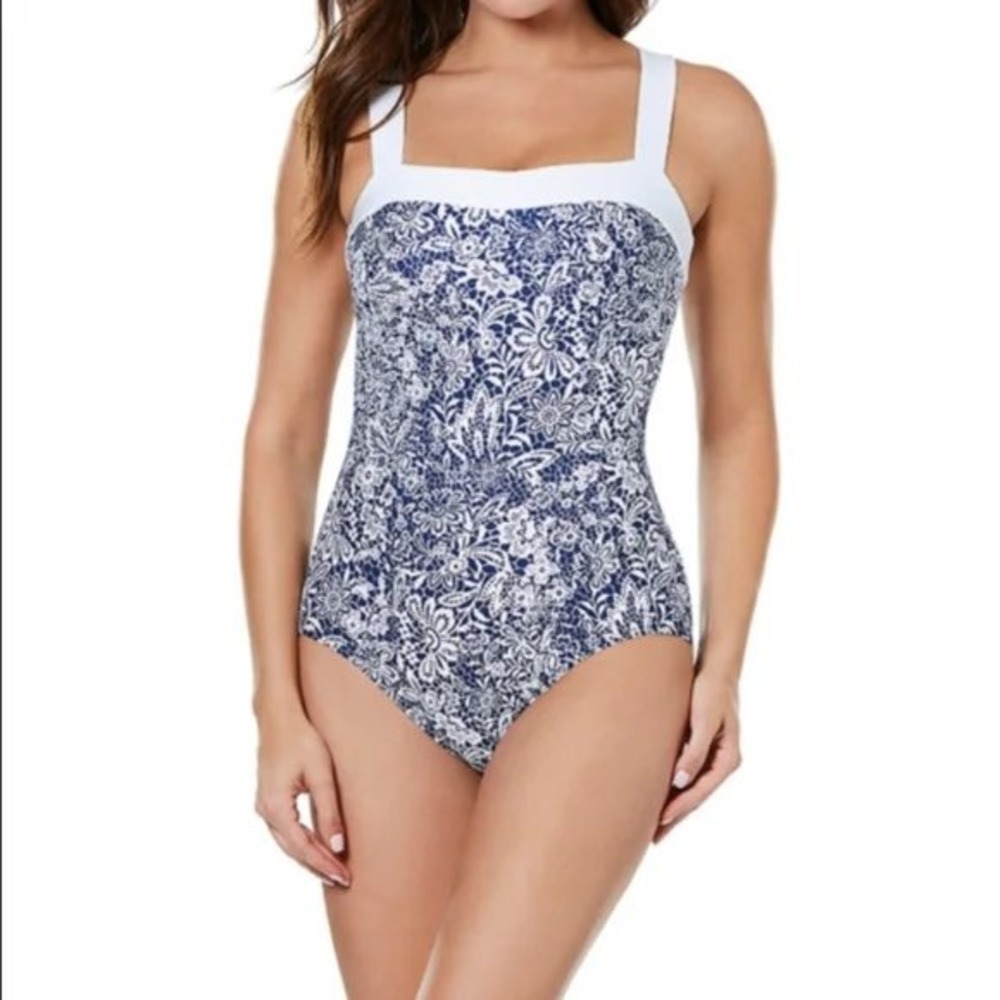 Miraclesuit One‎ Piece Swimsuit Womens 16 Blue Navy Floral Lace Slimming NEW